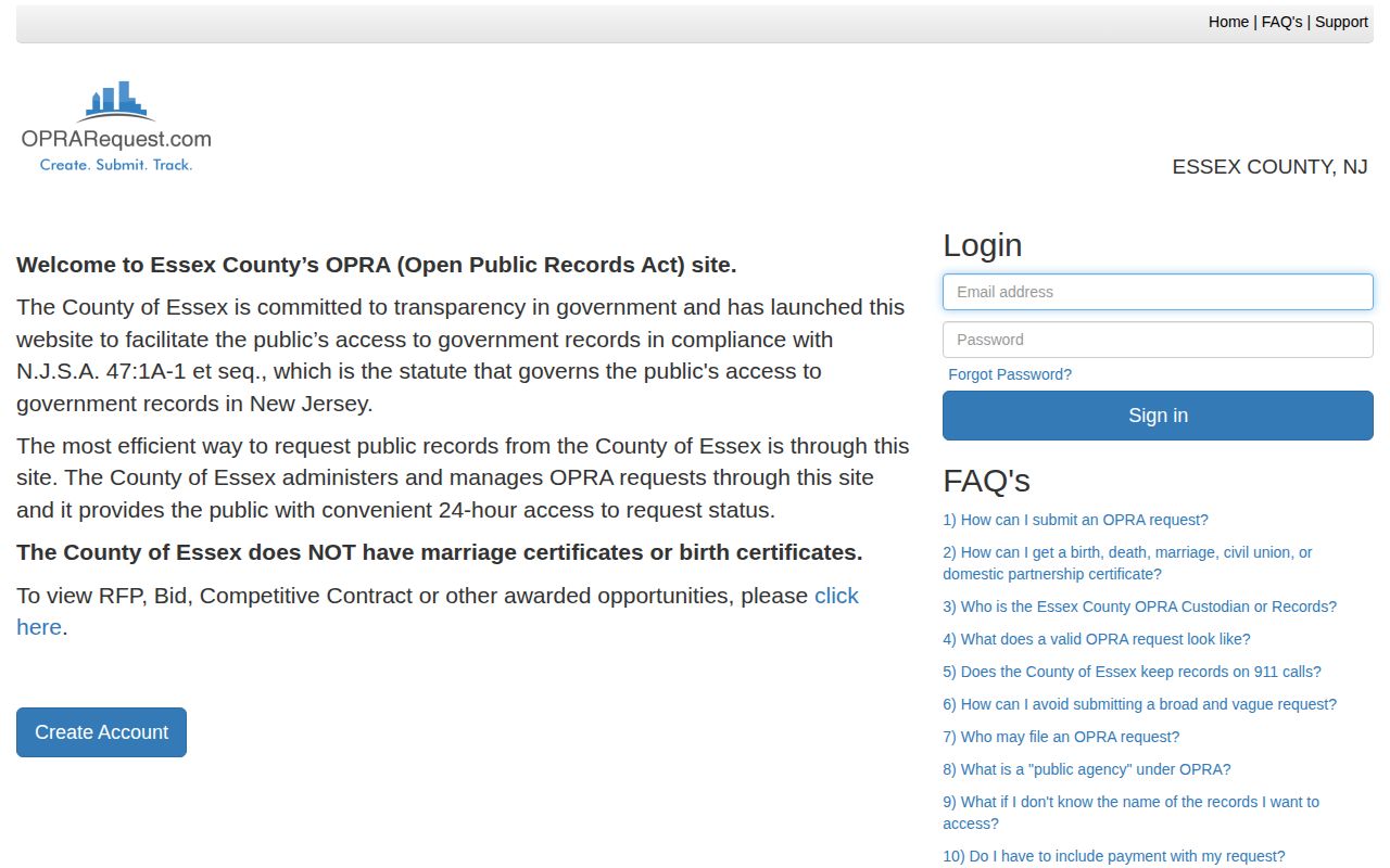 Essex County booking-record OPRA request portal